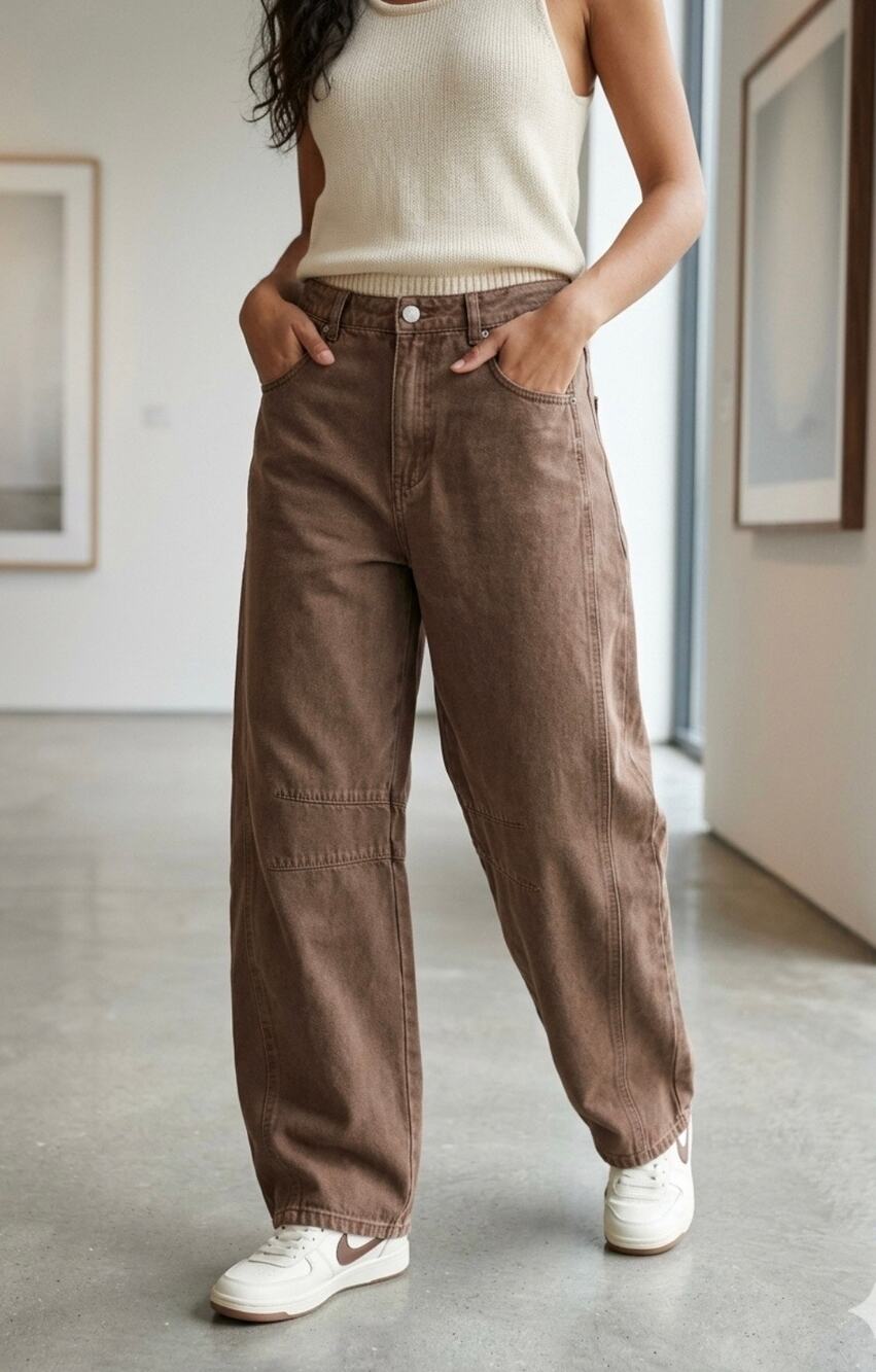 Western Brown Barrel Leg Jeans Curved Seam Knee Darts HighRise Baggy Wide Leg